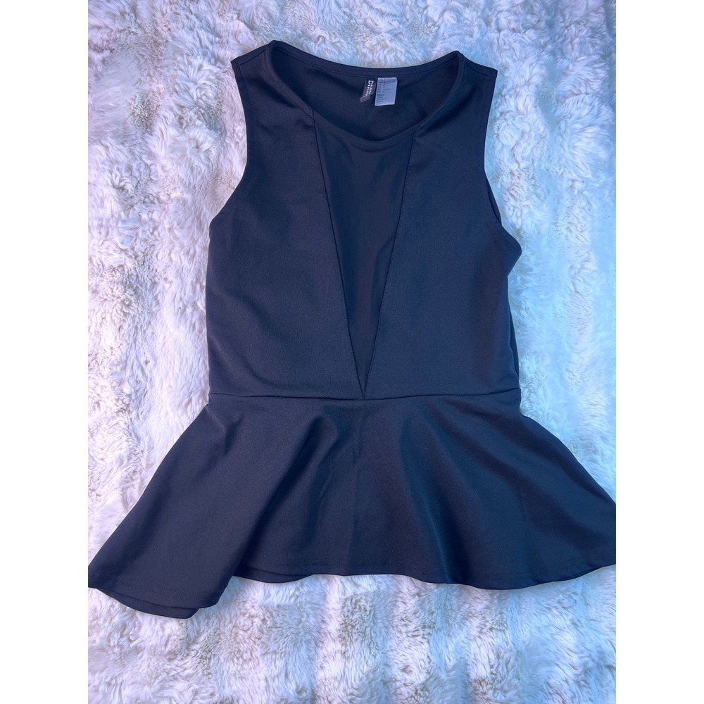 H&M Divided Women Black Peplum Top Sleeveles Mesh Panel V-Neck Blouse Size M A12